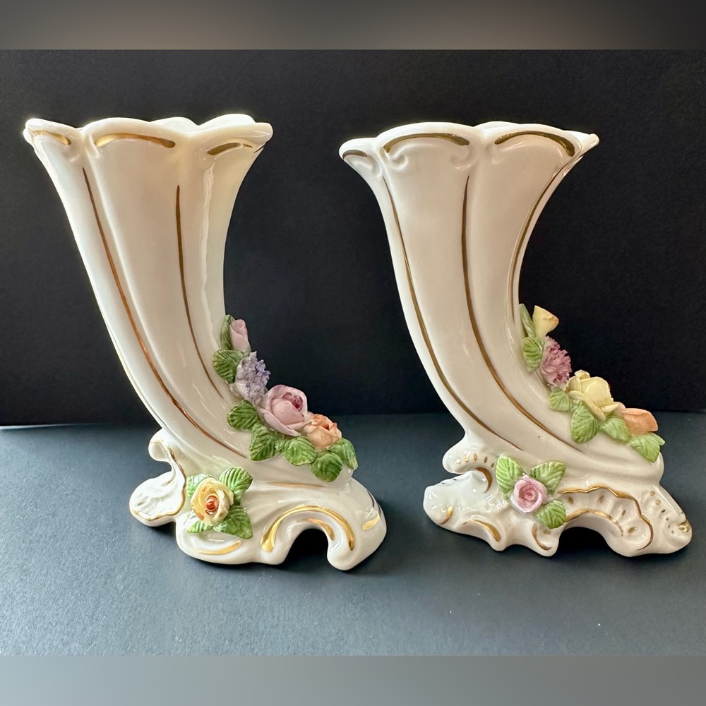 Vintage Dresden Cornucopia Vase Pair